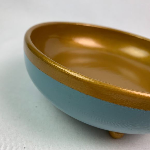 Wood Bowl Hand Painted Glossy Gold French Blue Footed Jewelry Trinket Dish - Picture 2 of 9